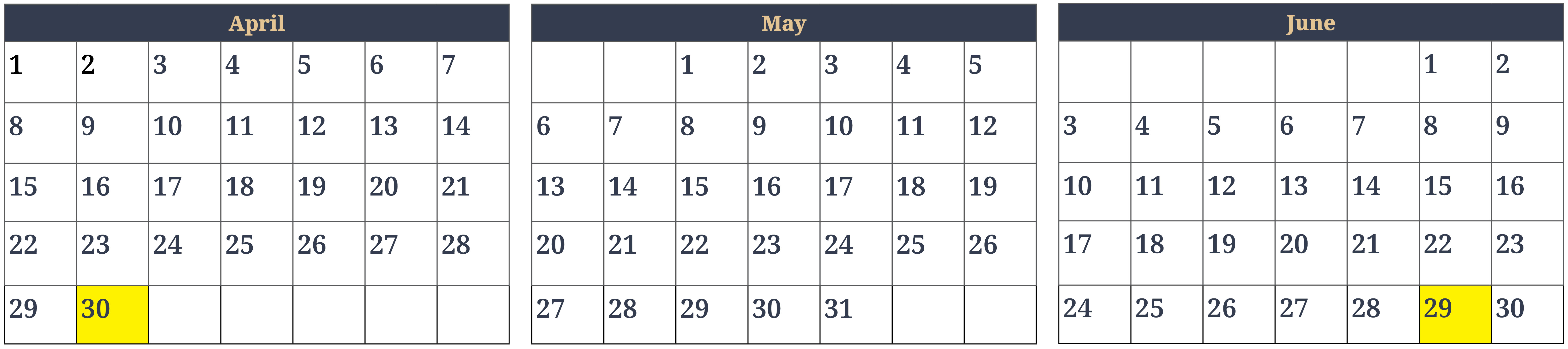 The months of April (30 days), May (31 days) and June (30 days) are represented side by side in a calendar view. Monday April 30 and Friday June 29 are highlighted in yellow to show the 60 day period.