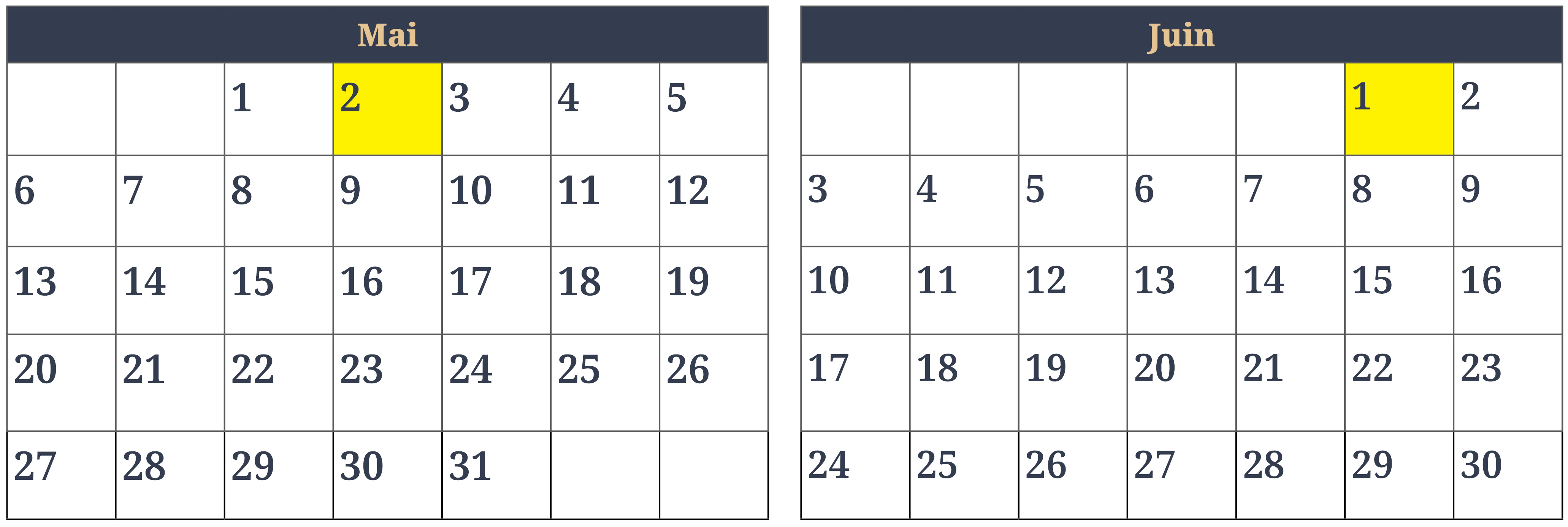 Les mois de mai (31 jours) et juin (30 jours) sont reproduits côte-à-côte sous forme de pages de calendrier. Le mercredi 2 mai et le vendredi 1er juin sont marqués en jaune pour représenter la période de 30 jours.