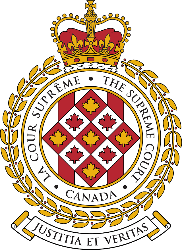 A stylized red and gold emblem with “La Cour suprême du Canada – The Supreme Court of Canada” in the centre and “Justitia et Veritas” underneath.