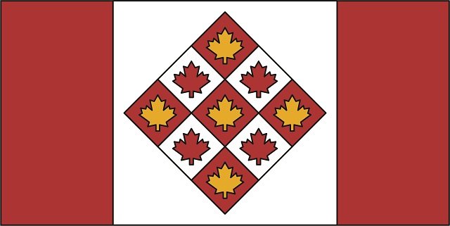 A red, white and gold flag, with 2 red stripes on either side of a diamond pattern in the centre. The diamond is divided into 9 sections, with a maple leaf in each one.